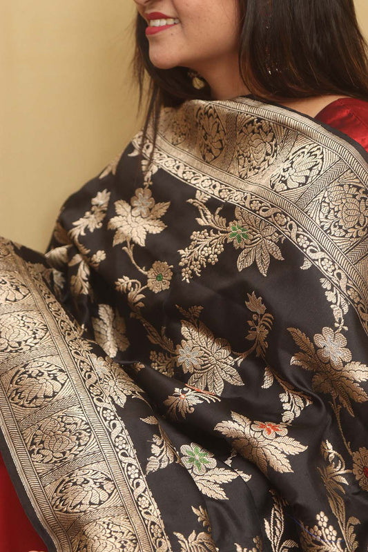 Exquisite Black Handloom Banarasi Silk Meenakari Dupatta - Luxurion World