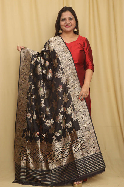 Exquisite Black Handloom Banarasi Silk Meenakari Dupatta - Luxurion World