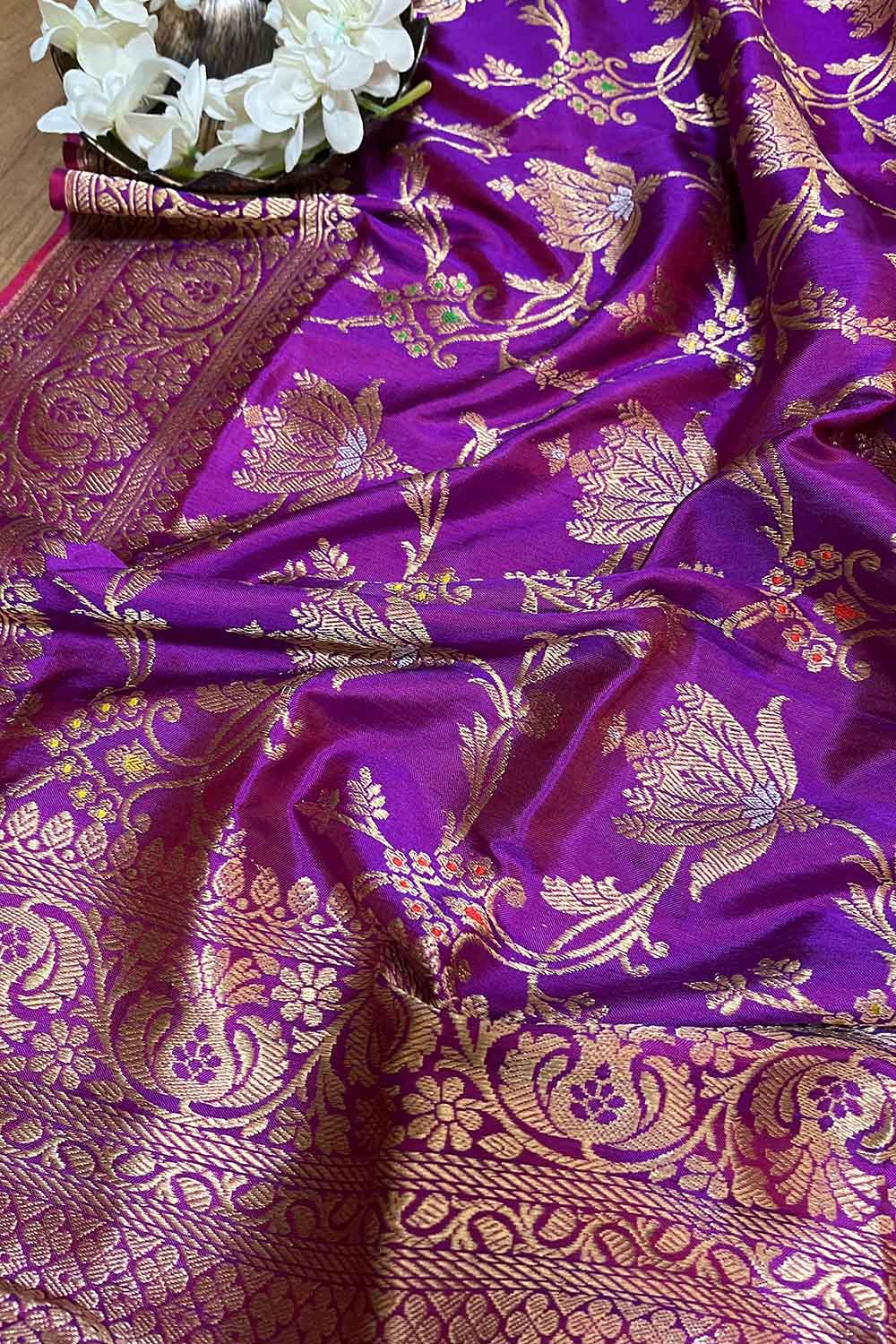 Exquisite Purple Handloom Banarasi Silk Meenakari Dupatta - Luxurion World- Crafted Heirlooms