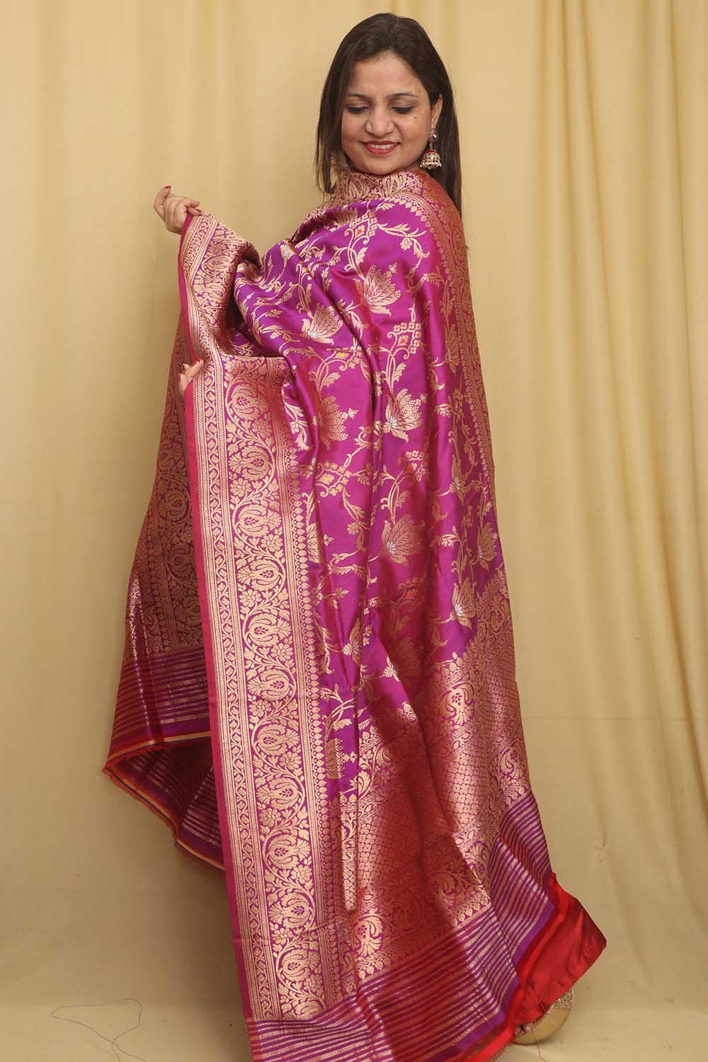 Exquisite Purple Handloom Banarasi Silk Meenakari Dupatta - Luxurion World- Crafted Heirlooms
