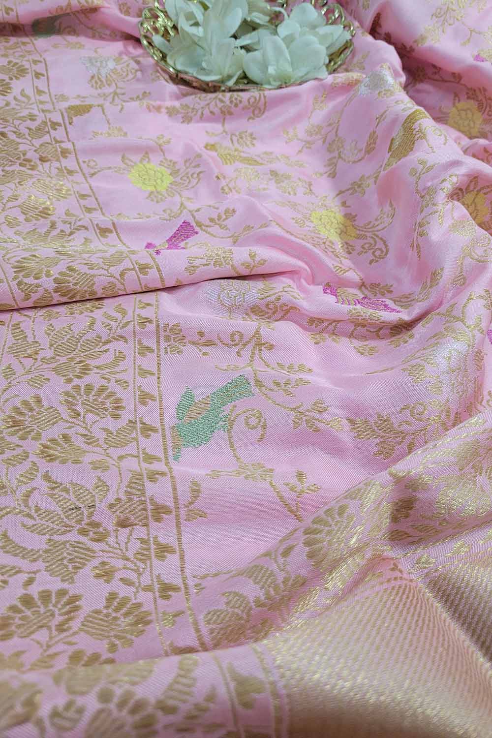 Pink Handloom Banarasi Pure Katan Silk Meenakari Dupatta - Luxurion World
