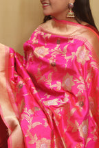 Pink Handloom Banarasi Pure Katan Silk Meenakari Dupatta - Luxurion World