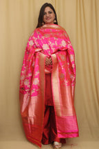 Pink Handloom Banarasi Pure Katan Silk Meenakari Dupatta - Luxurion World