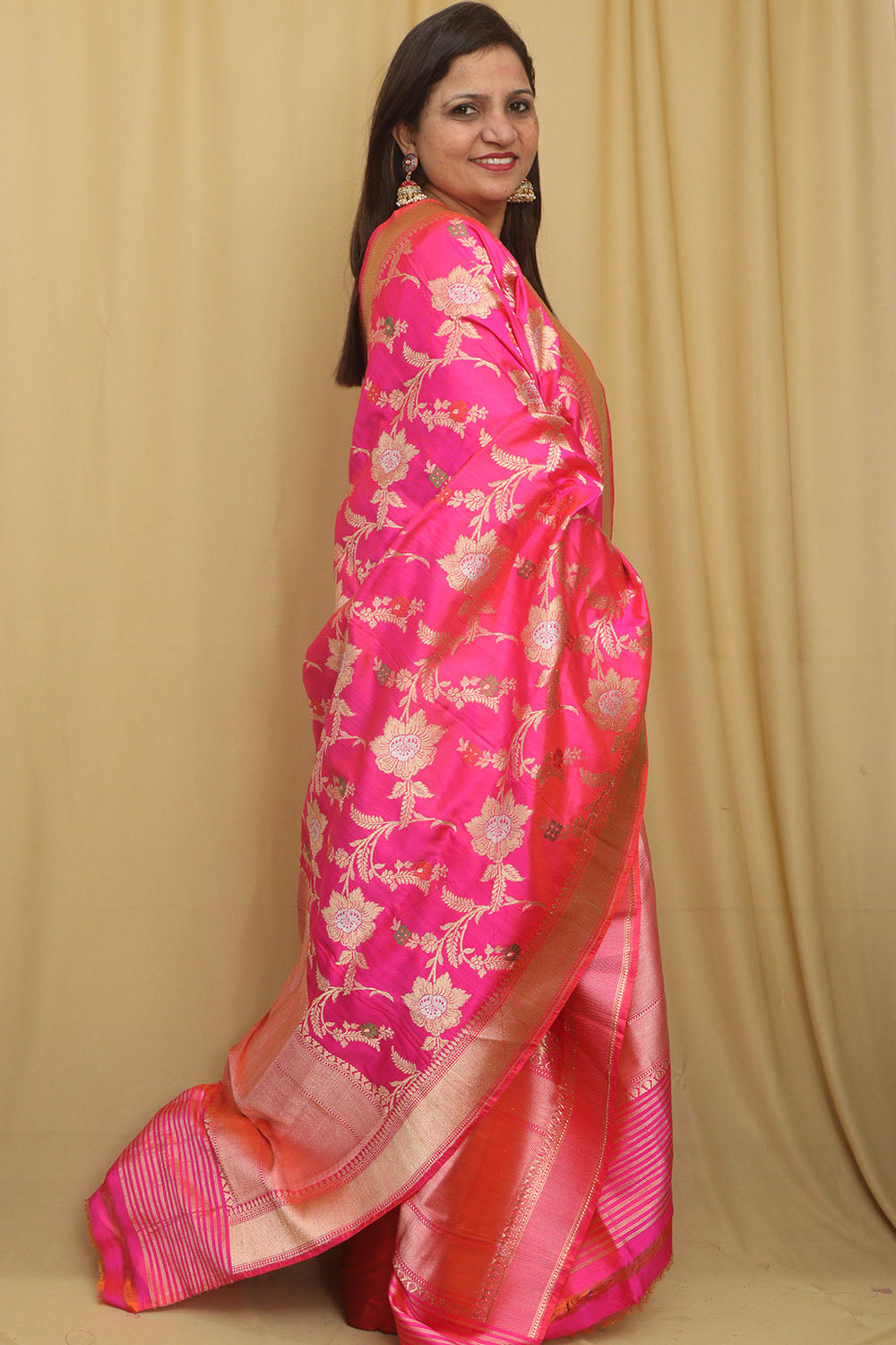 Pink Handloom Banarasi Pure Katan Silk Meenakari Dupatta - Luxurion World