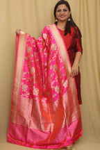 Pink Handloom Banarasi Pure Katan Silk Meenakari Dupatta - Luxurion World