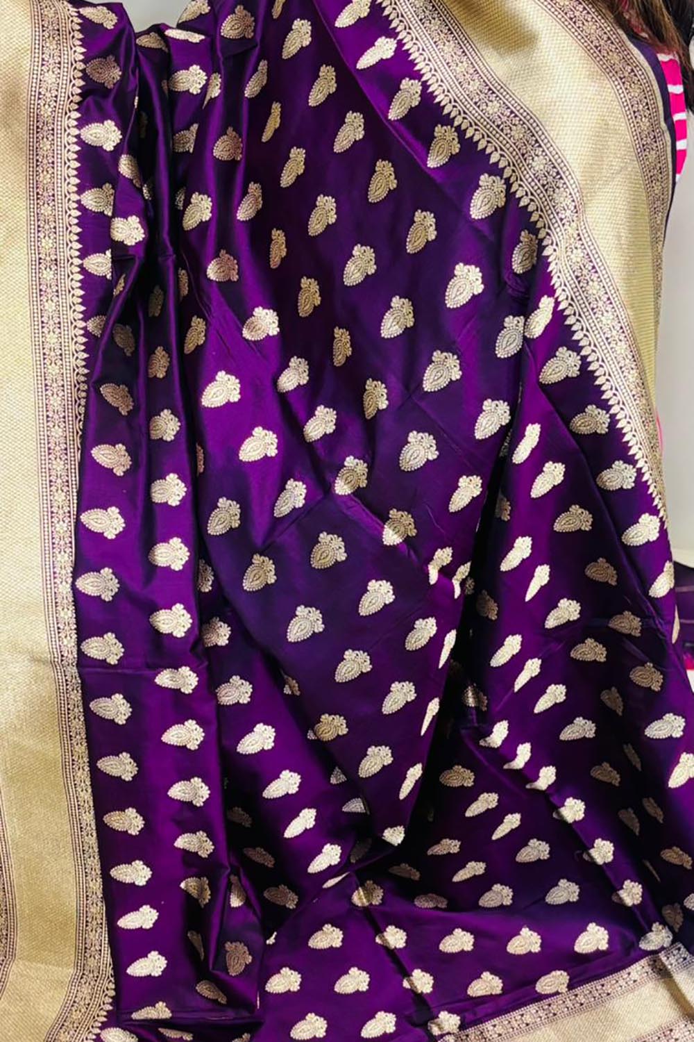 Exquisite Purple Banarasi Handloom Pure Katan Silk Booti Design Dupatta - Luxurion World