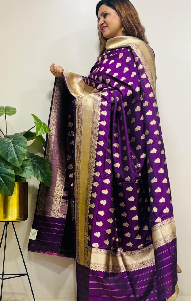 Exquisite Purple Banarasi Handloom Pure Katan Silk Booti Design Dupatta - Luxurion World
