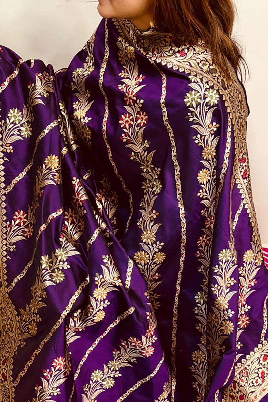 Exquisite Purple Banarasi Handloom Pure Katan Silk Flower Design Meenakari Dupatta - Luxurion World