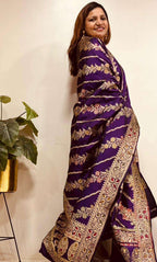 Exquisite Purple Banarasi Handloom Pure Katan Silk Flower Design Meenakari Dupatta - Luxurion World