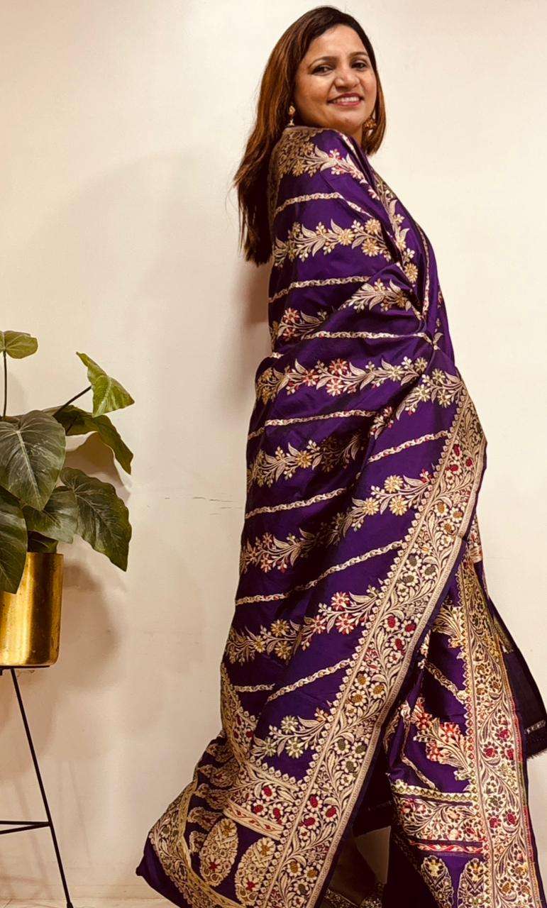 Exquisite Purple Banarasi Handloom Pure Katan Silk Flower Design Meenakari Dupatta - Luxurion World