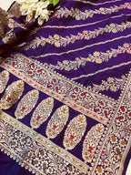 Exquisite Purple Banarasi Handloom Pure Katan Silk Flower Design Meenakari Dupatta - Luxurion World