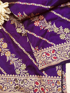 Exquisite Purple Banarasi Handloom Pure Katan Silk Flower Design Meenakari Dupatta - Luxurion World