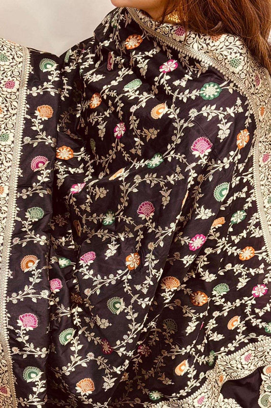 Exquisite Black Banarasi Handloom Pure Katan Silk Flower Design Meenakari Dupatta - Luxurion World