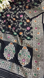 Exquisite Black Banarasi Handloom Pure Katan Silk Flower Design Meenakari Dupatta - Luxurion World