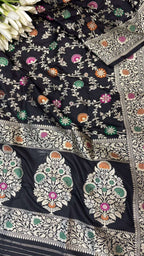 Exquisite Black Banarasi Handloom Pure Katan Silk Flower Design Meenakari Dupatta - Luxurion World