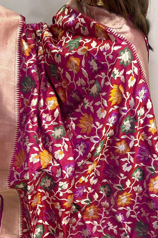 Exquisite Pink Banarasi Handloom Pure Katan Silk Flower Design Meenakari Dupatta - Luxurion World