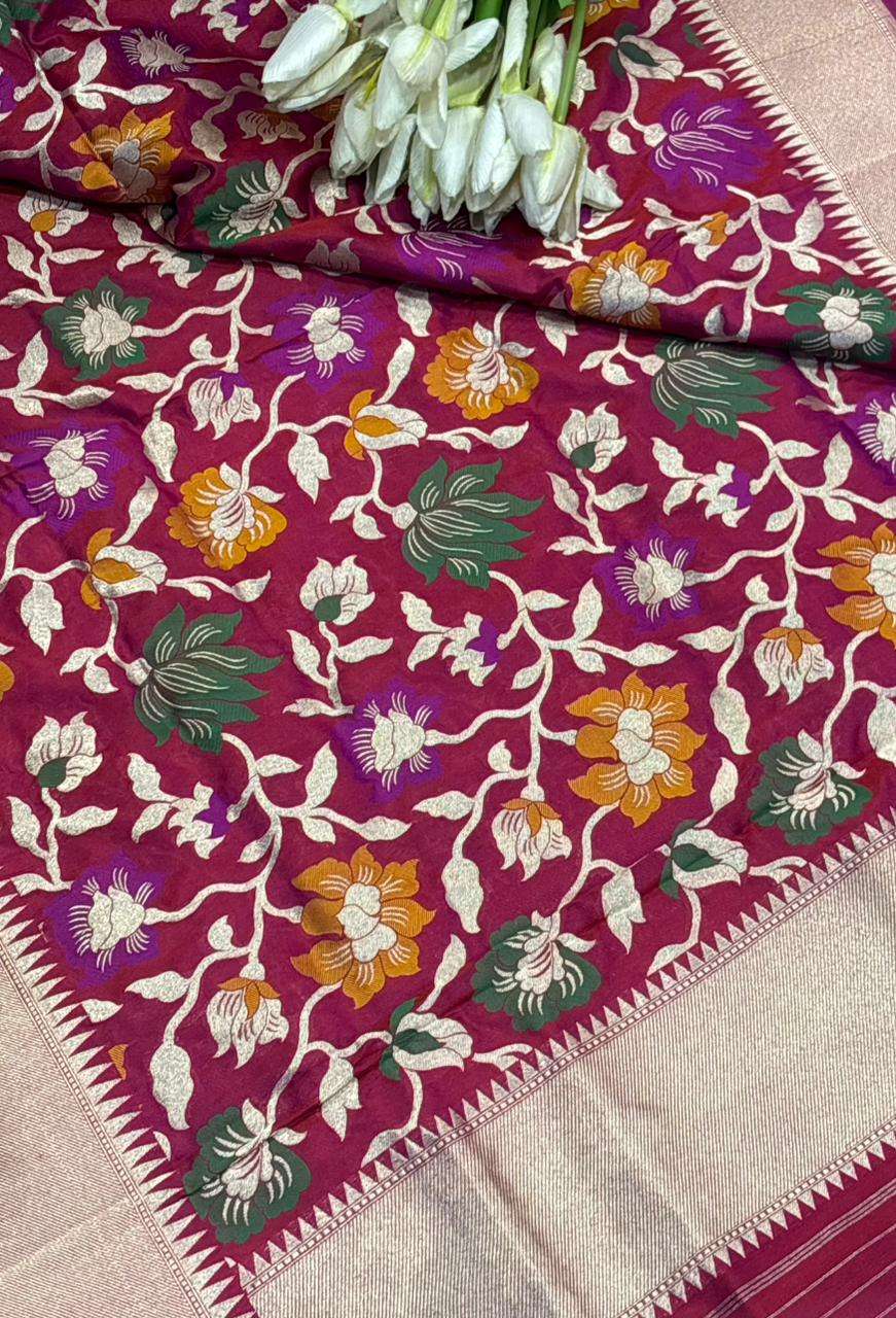Exquisite Pink Banarasi Handloom Pure Katan Silk Flower Design Meenakari Dupatta - Luxurion World