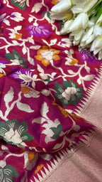 Exquisite Pink Banarasi Handloom Pure Katan Silk Flower Design Meenakari Dupatta - Luxurion World