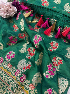 Green Handloom Banarasi Pure Katan Silk Flower Design Meenakari Dupatta - Luxurion World