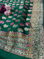 Green Handloom Banarasi Pure Katan Silk Flower Design Meenakari Dupatta - Luxurion World