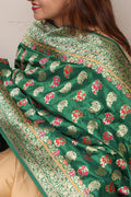 Green Handloom Banarasi Pure Katan Silk Flower Design Meenakari Dupatta - Luxurion World