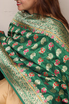 Green Handloom Banarasi Pure Katan Silk Flower Design Meenakari Dupatta - Luxurion World