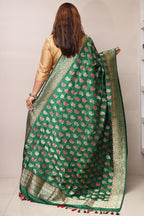 Green Handloom Banarasi Pure Katan Silk Flower Design Meenakari Dupatta - Luxurion World
