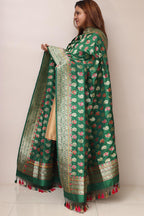 Green Handloom Banarasi Pure Katan Silk Flower Design Meenakari Dupatta - Luxurion World