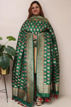 Green Handloom Banarasi Pure Katan Silk Flower Design Meenakari Dupatta - Luxurion World