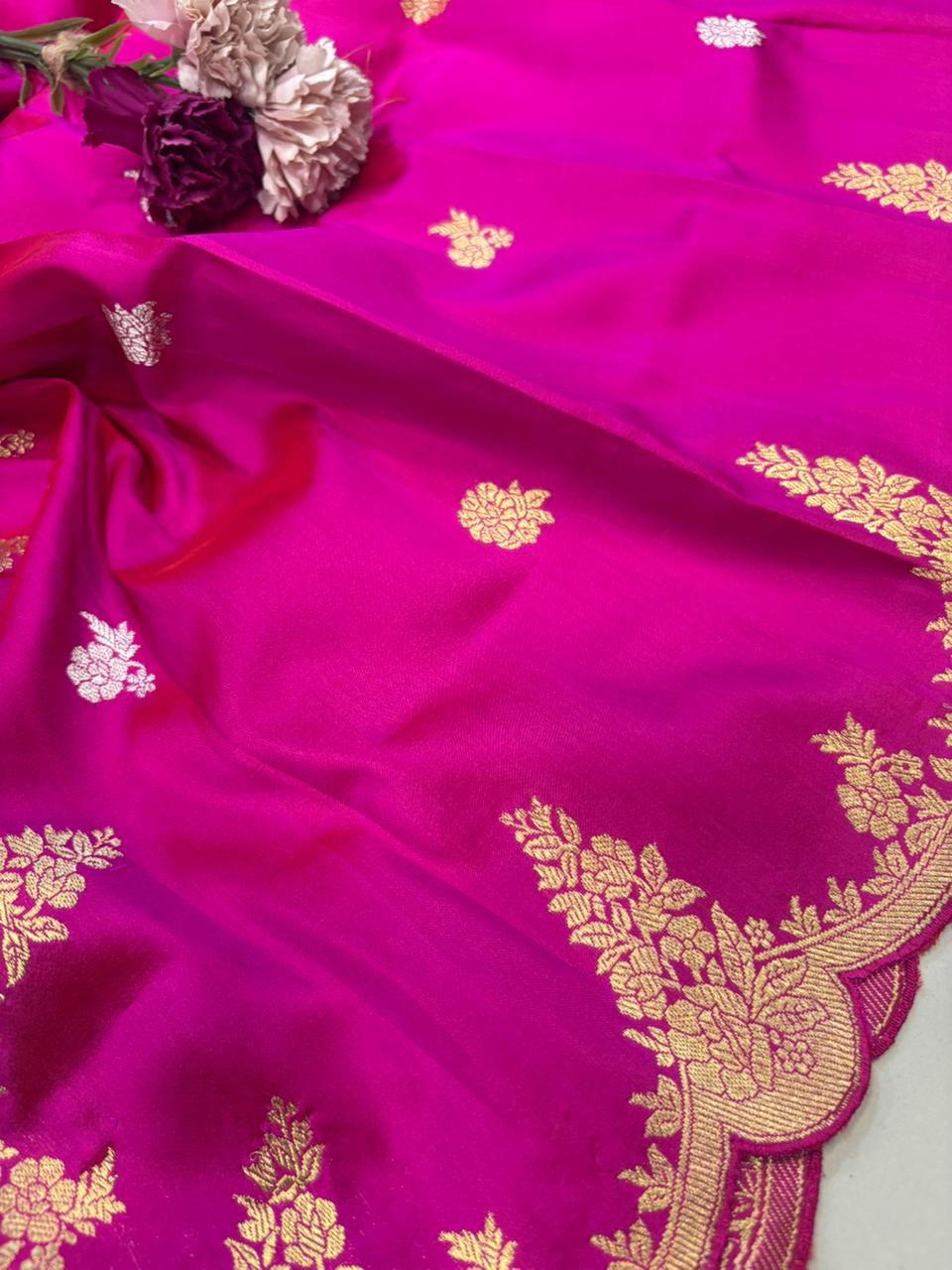 Pink Handloom Banarasi Pure Katan Silk Flower Design Dupatta - Luxurion World
