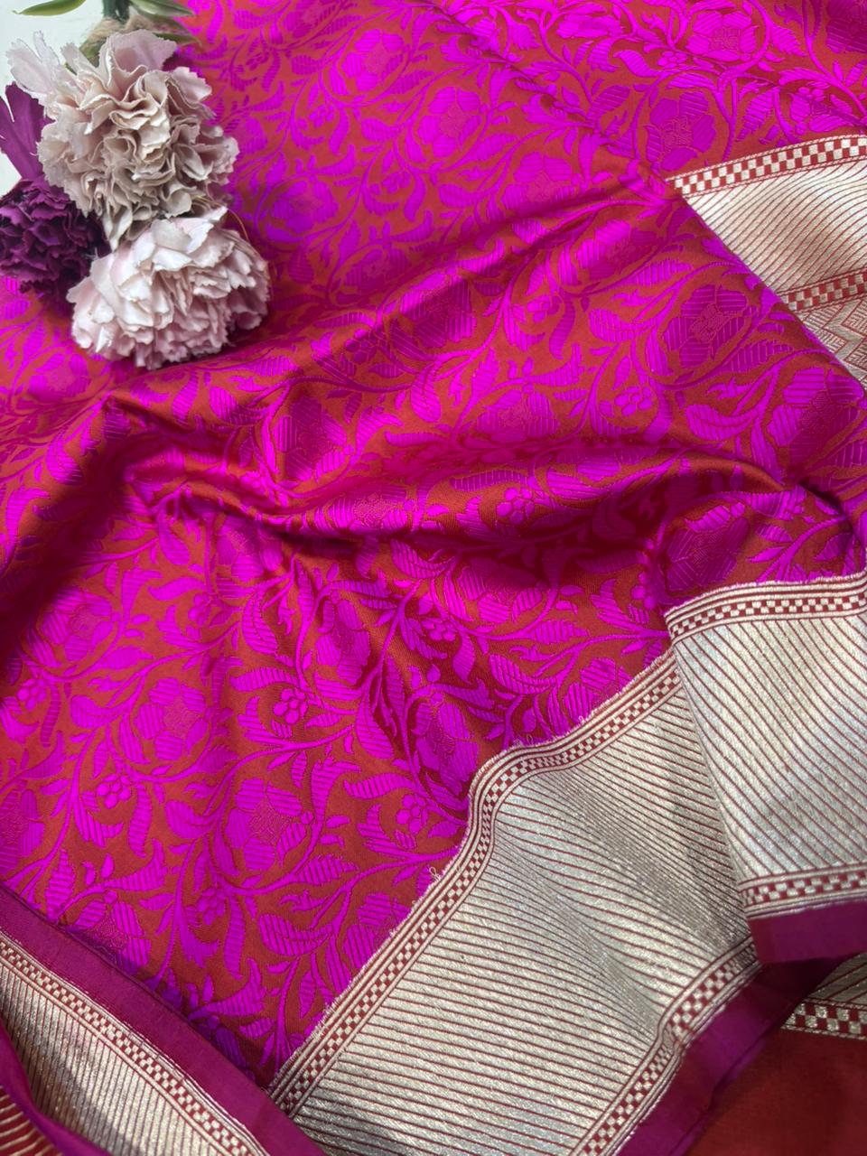 Pink Handloom Banarasi Pure Katan Silk Tanchui Dupatta - Luxurion World