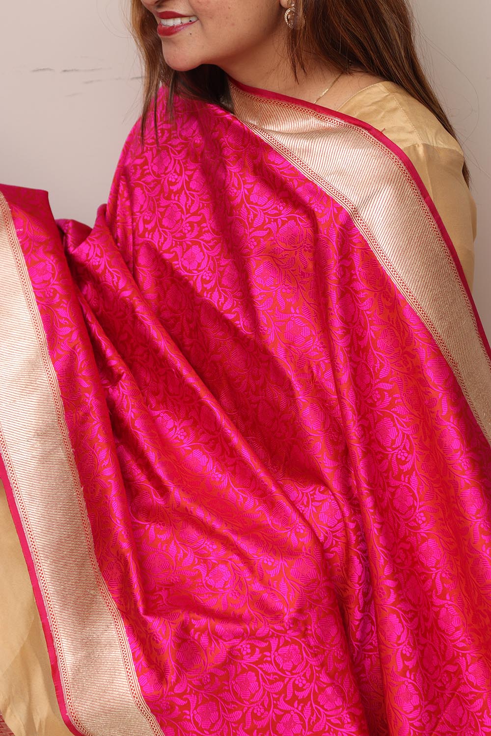 Pink Handloom Banarasi Pure Katan Silk Tanchui Dupatta - Luxurion World