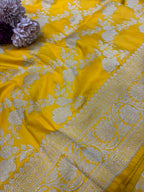 Yellow Handloom Banarasi Pure Katan Silk Flower Design Dupatta - Luxurion World