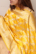 Yellow Handloom Banarasi Pure Katan Silk Flower Design Dupatta - Luxurion World