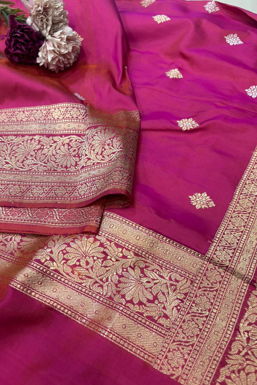 Pink Handloom Banarasi Pure Katan Silk Flower Design Dupatta - Luxurion World
