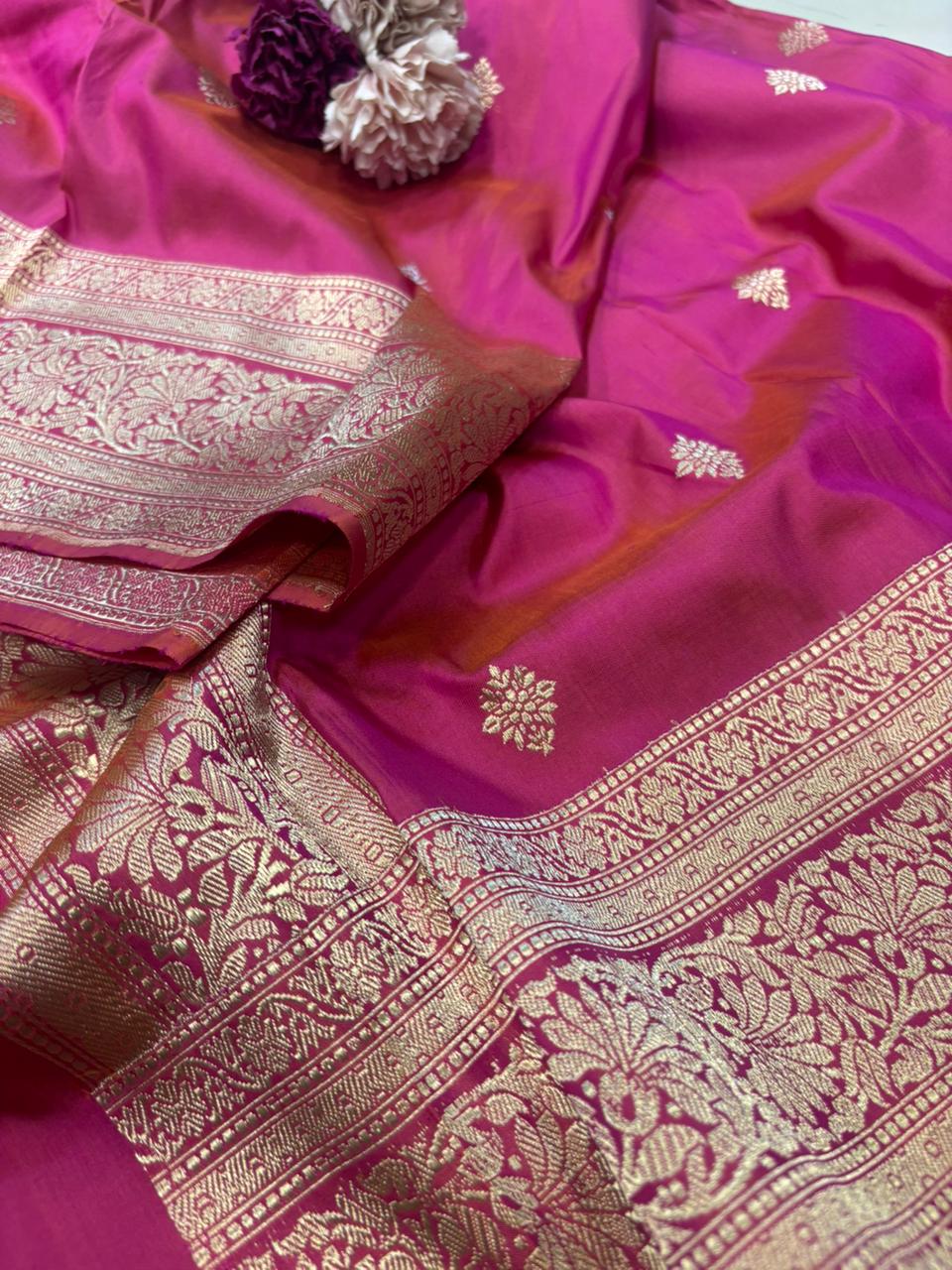 Pink Handloom Banarasi Pure Katan Silk Flower Design Dupatta - Luxurion World