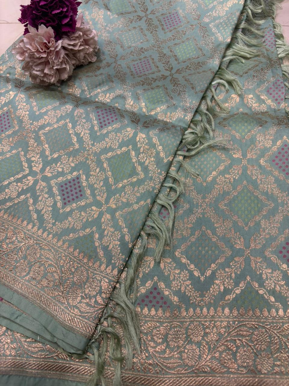 Blue Handloom Banarasi Pure Katan Silk Dupatta - Luxurion World
