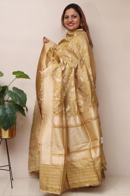 Green Handloom Banarasi Pure Katan Silk Bird Design Sona Roopa Dupatta - Luxurion World