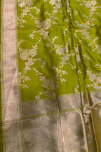 Green Pure Katan Silk Banarasi Handloom Meenakari Flower Design Dupatta - Luxurion World- Crafted Heirlooms