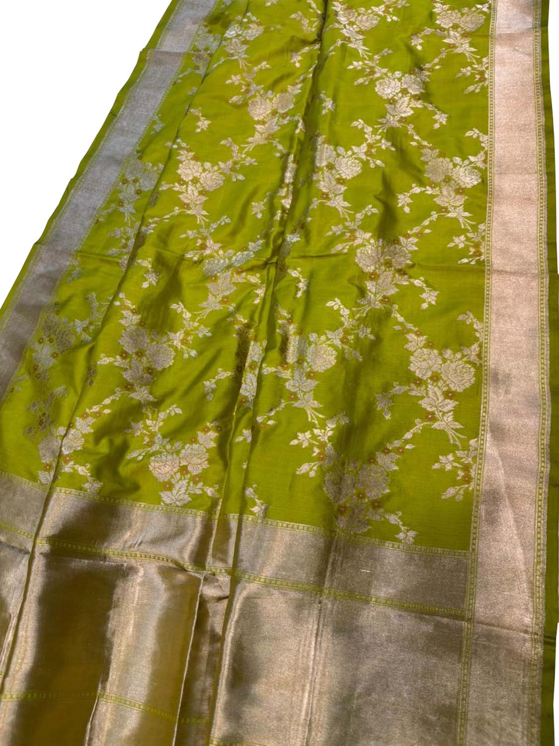 Green Pure Katan Silk Banarasi Handloom Meenakari Flower Design Dupatta - Luxurion World- Crafted Heirlooms