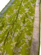 Green Pure Katan Silk Banarasi Handloom Meenakari Flower Design Dupatta - Luxurion World- Crafted Heirlooms