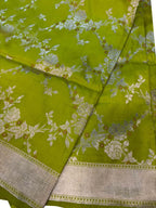 Green Pure Katan Silk Banarasi Handloom Meenakari Flower Design Dupatta - Luxurion World- Crafted Heirlooms