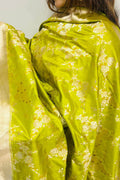 Green Pure Katan Silk Banarasi Handloom Meenakari Flower Design Dupatta - Luxurion World- Crafted Heirlooms
