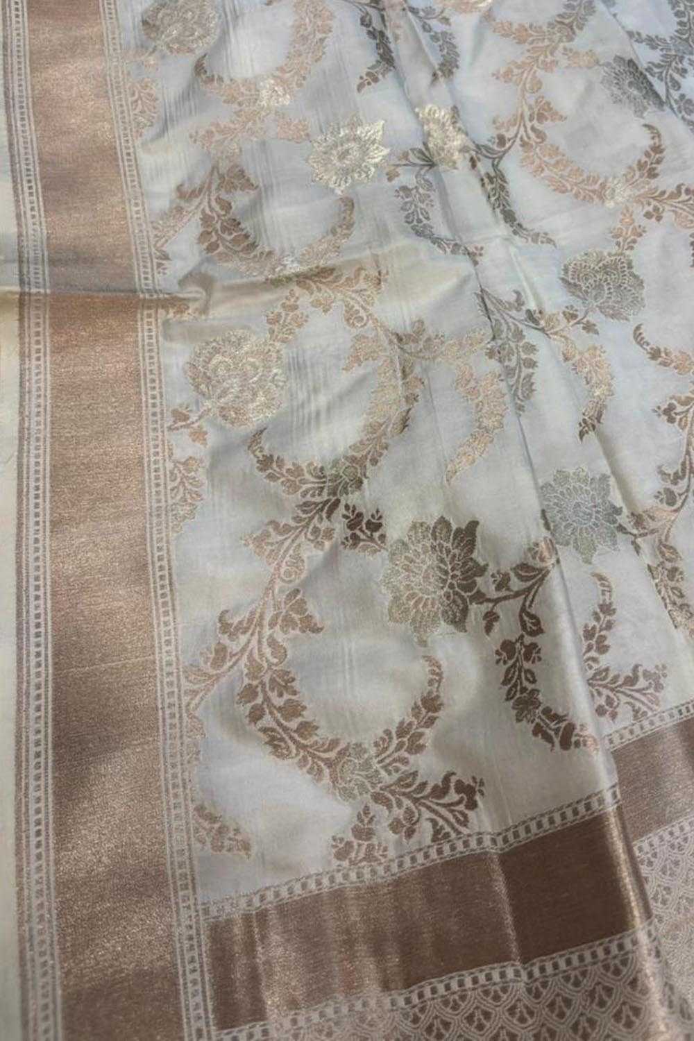 Off White Pure Katan Silk Banarasi Handloom Flower Design Dupatta - Luxurion World- Crafted Heirlooms