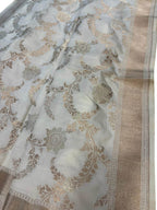 Off White Pure Katan Silk Banarasi Handloom Flower Design Dupatta - Luxurion World- Crafted Heirlooms