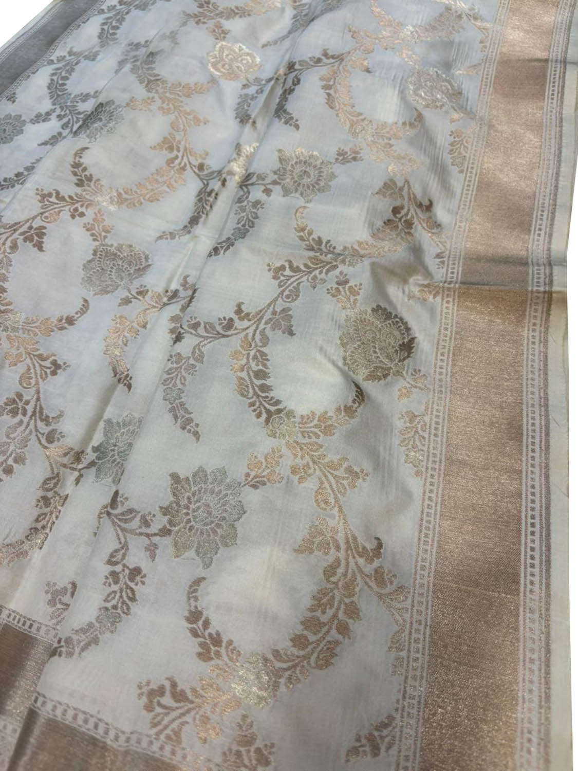Off White Pure Katan Silk Banarasi Handloom Flower Design Dupatta - Luxurion World- Crafted Heirlooms