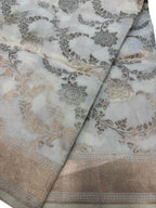 Off White Pure Katan Silk Banarasi Handloom Flower Design Dupatta - Luxurion World- Crafted Heirlooms