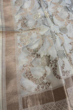 Off White Pure Katan Silk Banarasi Handloom Flower Design Dupatta - Luxurion World- Crafted Heirlooms