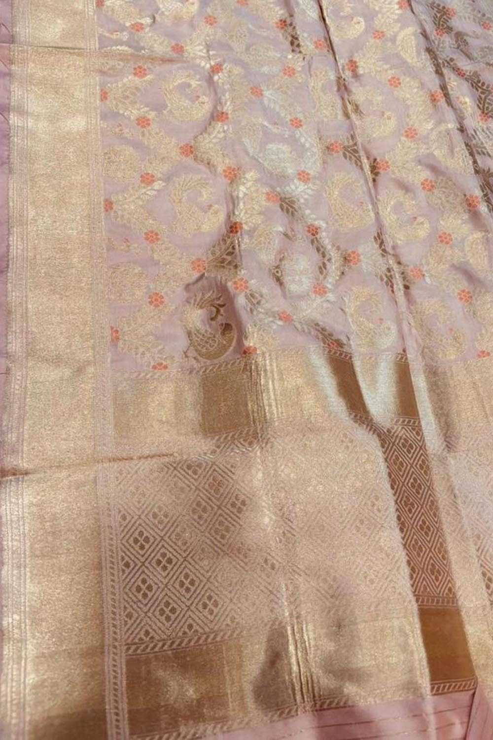 Pink Pure Katan Silk Banarasi Handloom Flower And Parrot Design Meenakari Dupatta - Luxurion World