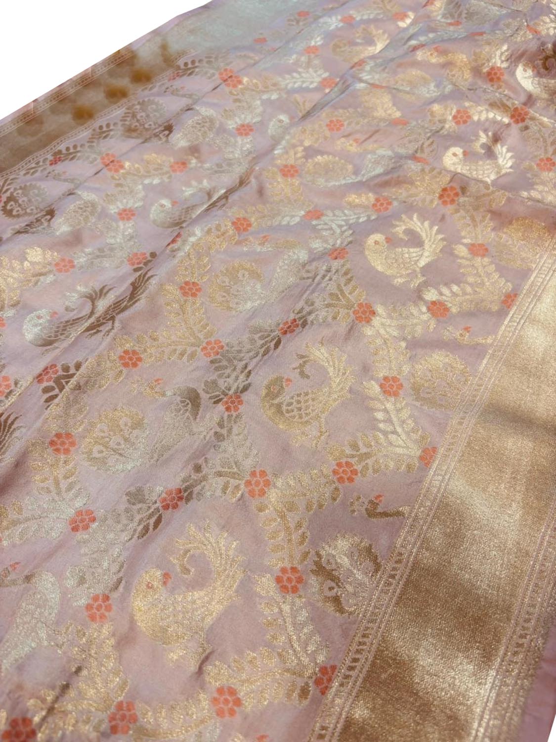 Pink Pure Katan Silk Banarasi Handloom Flower And Parrot Design Meenakari Dupatta - Luxurion World